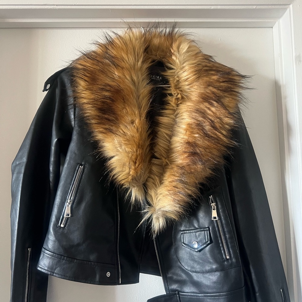 AKIRA Black Leather Jacket with Faux Fur Collar